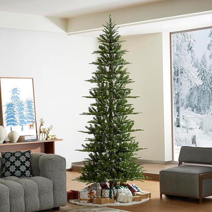 Glitzhome 9ft Prelit Christmas Tree, Cascade Evergreen Slim Fir Artificial Christmas Tree with 500 Strawberry Lights,1468 PE&PVC Branch Tips, 9 Functional Warm White/Multi-Color, Remote Controller 