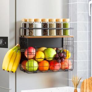 Haotao Magnetic Shelf for Fridge With Wood Lid,Fruit Vegetable Potato & Onion Organizers Storage Basket Bins For Refrigerator Kitchen Countertop Container