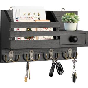 Key Holder Wall Mount, Wooden Adhesive Mail and Key Organizer with Drawer, Small Shelf, 8 Hooks, 2 Installation Methods, Black