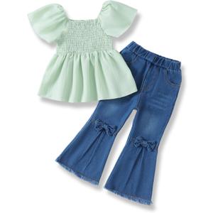 XUANHAO Toddler Girls Clothes Puff Sleeve Smocked Shirt Flare Jeans Pant Outfits for Girl Bell Bottom Kids Girls Clothing Set