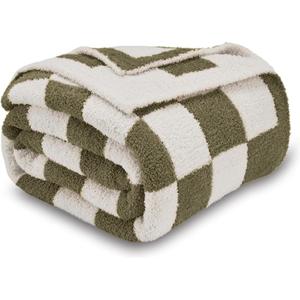 CozeCube Super Soft Fullfy Microfiber Reversible Knitted Blankets, Warm Cozy Fuzzy Plush Throw, Olive Green and White Checkered Throw Blanket for Couch Bed Sofa, 50" x 60"