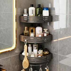 3-Tier No-Drill Storage Caddy with Hooks & Towel Bar, Organizing Solution for Bathroom, Shower & Kitchen, Holds Shampoos, Soaps, Sponges& Cleaners, Triangle