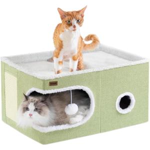 Garnpet Cat Bed for Indoor Cats Cube House, Covered Cat Cave Beds & Furniture with Scratch Pad and Hideaway Tent, Cute Modern Cat Condo for Multi Small Pet Large Kitten Kitty, Large, Green (23.6"D x 16.5"W x 13"H)