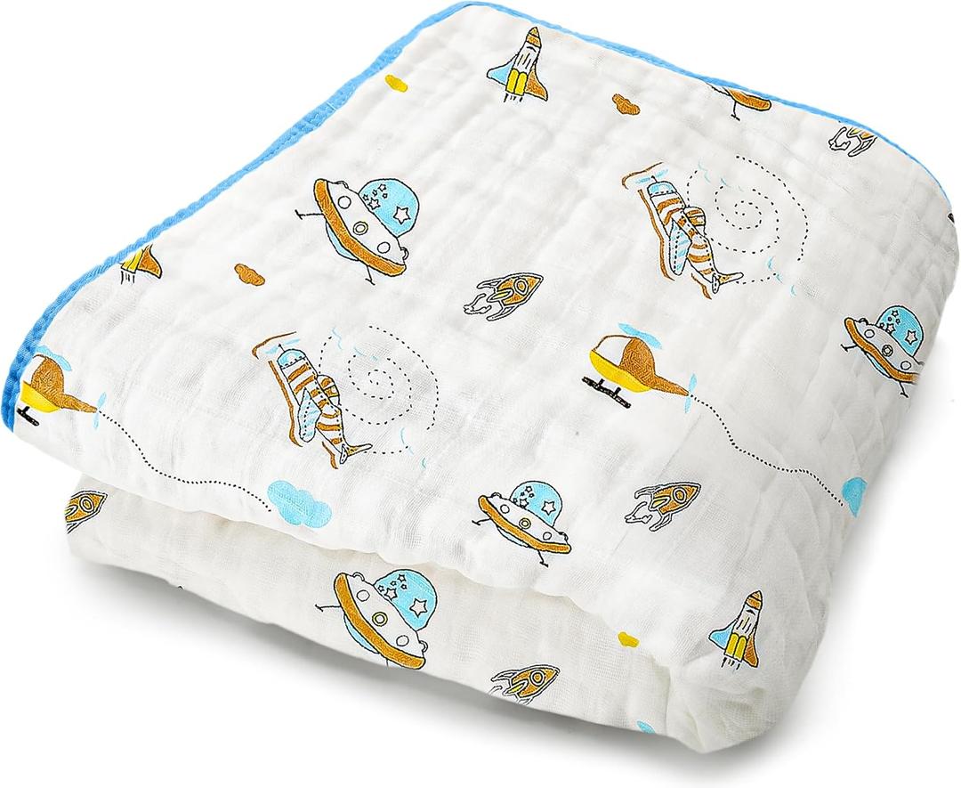 ZPECC Muslin Toddler Blanket Thicker, 47x47 Organic Cotton Kids Quilt Hypoallergenic for Baby Essentials Crib Stroller Daycare Cot, Spaceship