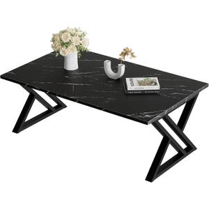 Wolawu Coffee Table Living Room Table Black Center Table, Simple Modern Faux Marble Rectangular Tea Table with Sturdy Black-Finished Metal Frame,Industrial Wooden Coffee Table for Bedroom Home Office