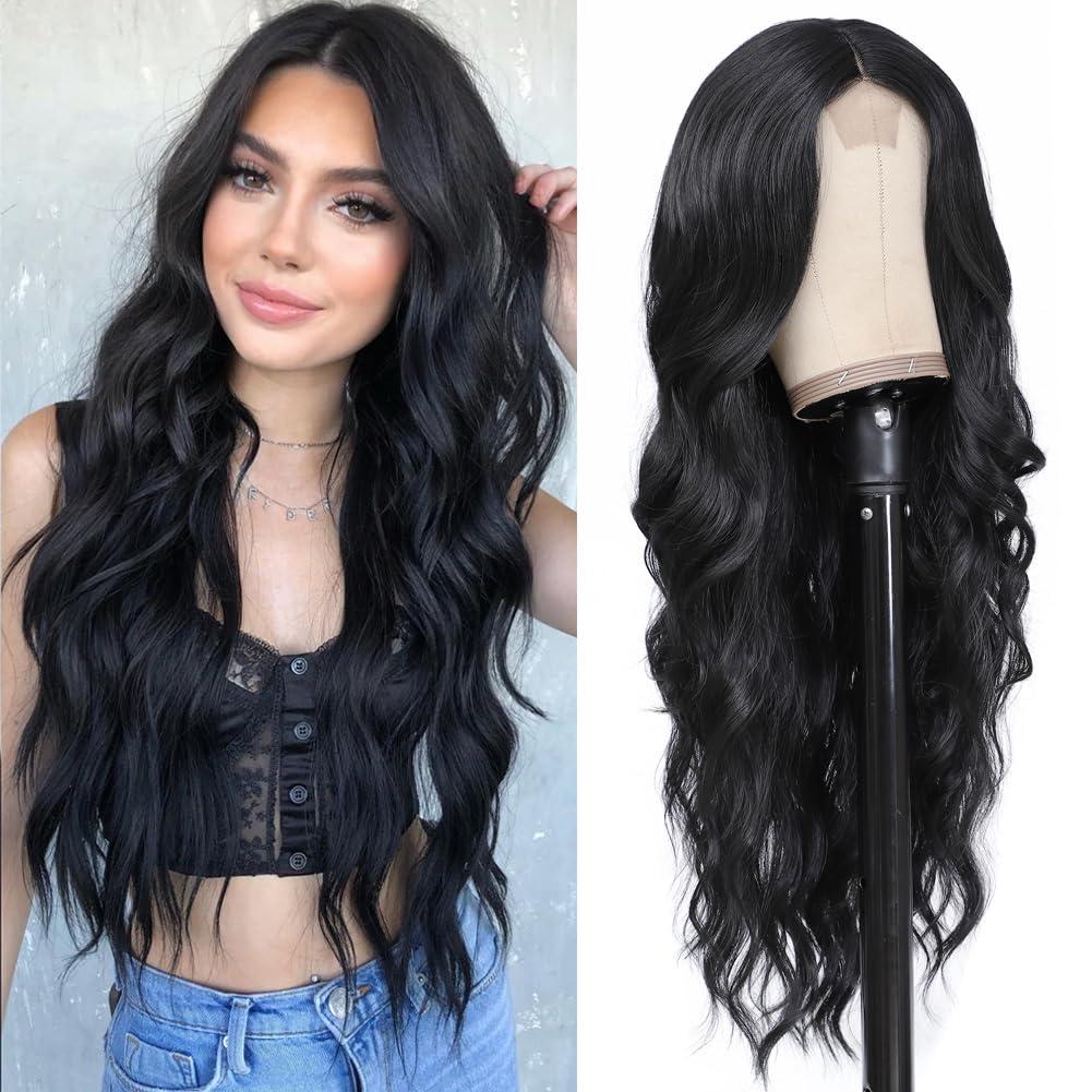 Colorful Queen 26 Inch Long Wavy Synthetic Lace Wig for Women Natural Looking Middle Part Black Wig for Daily Party Use Halloween Cosplay