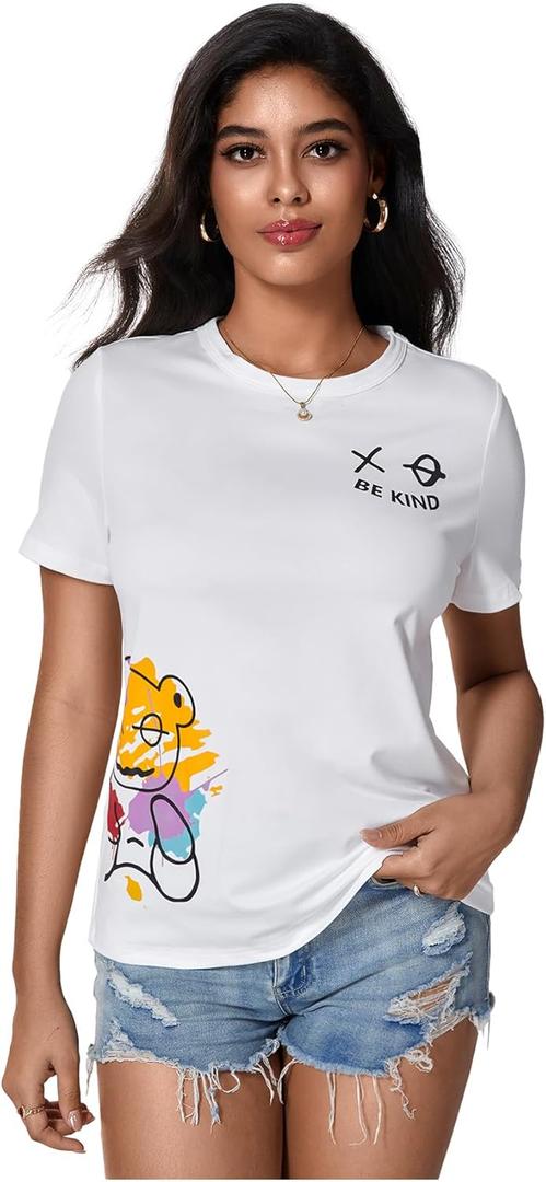 SweatyRocks Women's Short Sleeve Oversized T-Shirt Cute Bear Graphic Tees Crewneck Summer Tops (White, S)