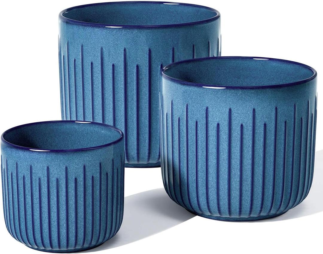LE TAUCI Fluted Ceramic Plant Pots, 8.3/7/6 Inch Indoor Planters with Drainage Holes & Mesh, Modern Glossy Glaze Cylinder Flower Pot for Snake Plant, Set of 3, Harbor Blue