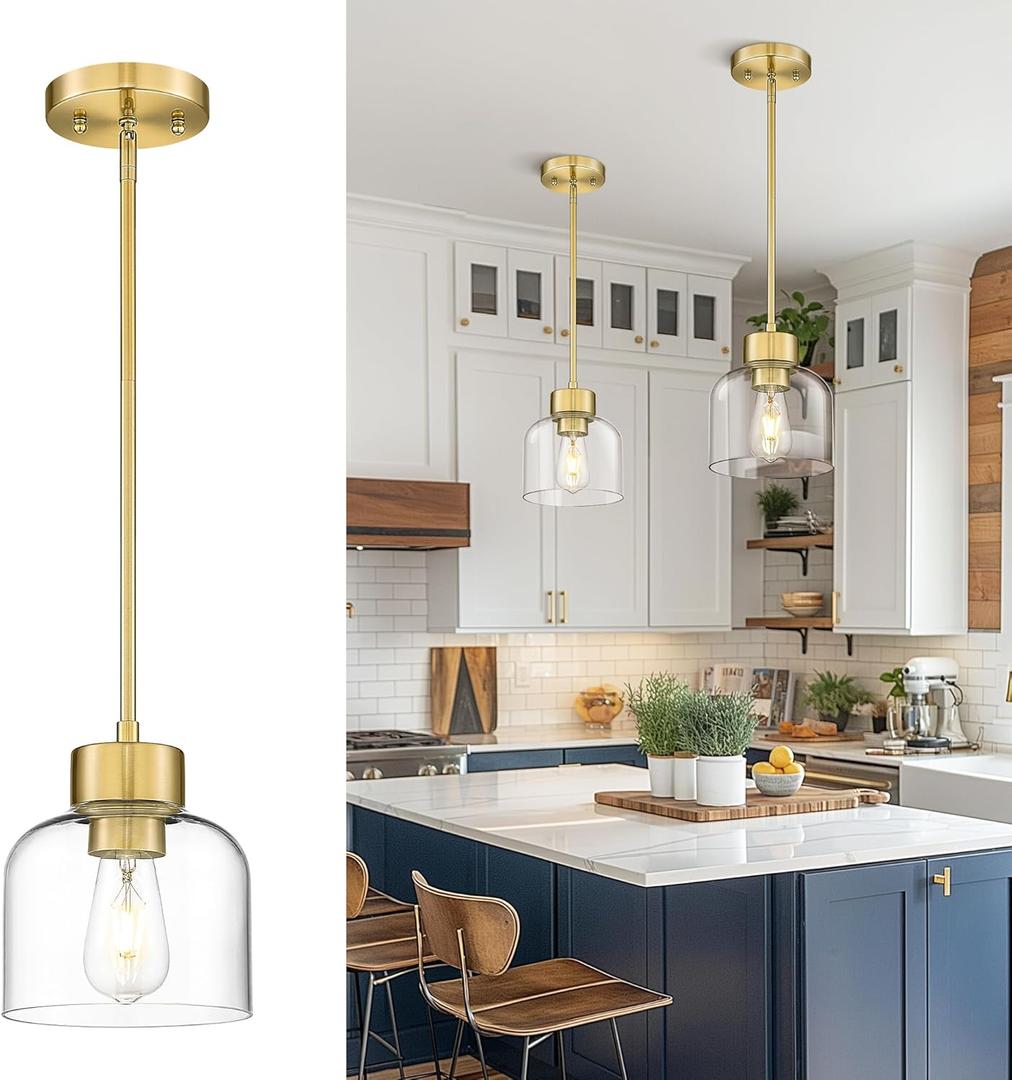 Gold Pendant Lights Kitchen Island, 7" Hanging Lights Fixtures with Clear Glass Shade, Modern Brass Kitchen Pendant Lighting Over Island for Dining Room, AD-24024-1P-GD