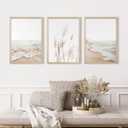 Beach Wall Art Boho Prints Coastal Canvas Wall Art Beach Pictures Pampas Grass Ocean Poster Plant Landscape Beach Scene Artwork for Living Room Bedroom Decor 16x24x3 Inch Wood Framed