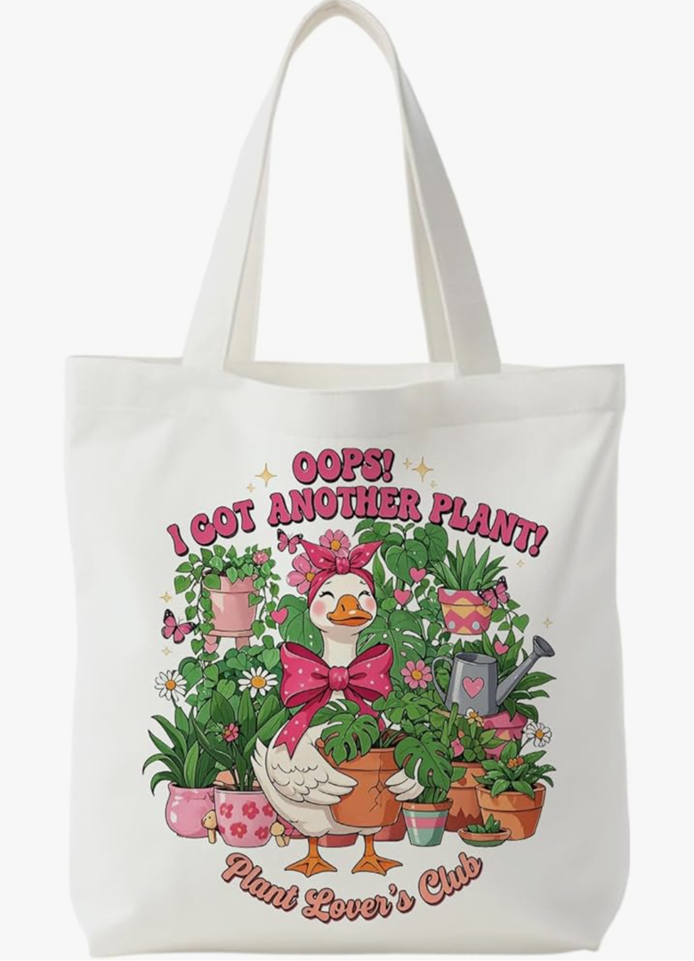 NATSUNO Plant Lover Gifts Canvas Tote Bag, Goose Gifts, Coquette Pink Bow Goose Plant Canvas Tote Bag for Gardeners Woman, Garden Themed Gift Reusable Grocery Bags Shopping Bags