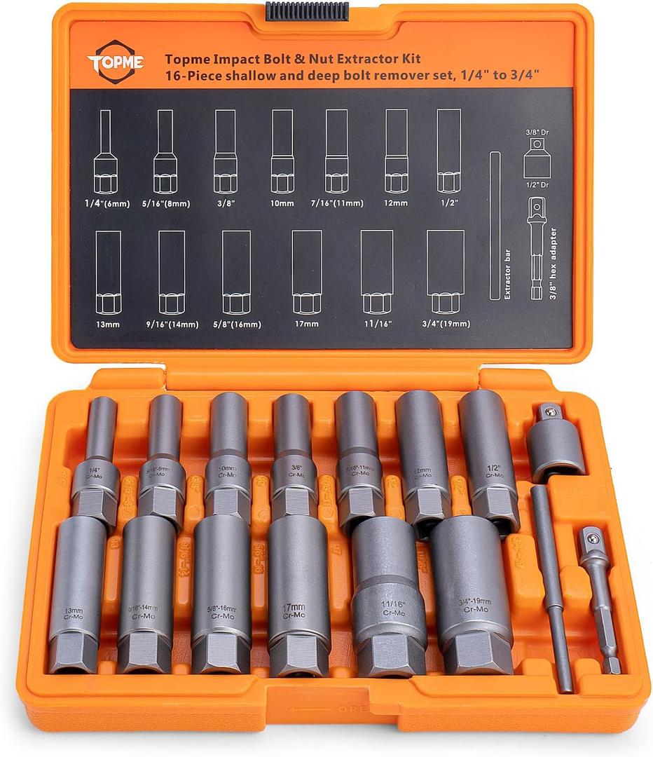 Deep Bolt Extractor Set,16 PCS Impact Bolt & Nut Remover Set, Stripped Lug Nut Remover, Extraction Socket Set for Removing Spark Plug, Damaged Rounded-Off Bolts, Nuts, Studs, Threaded Tubes