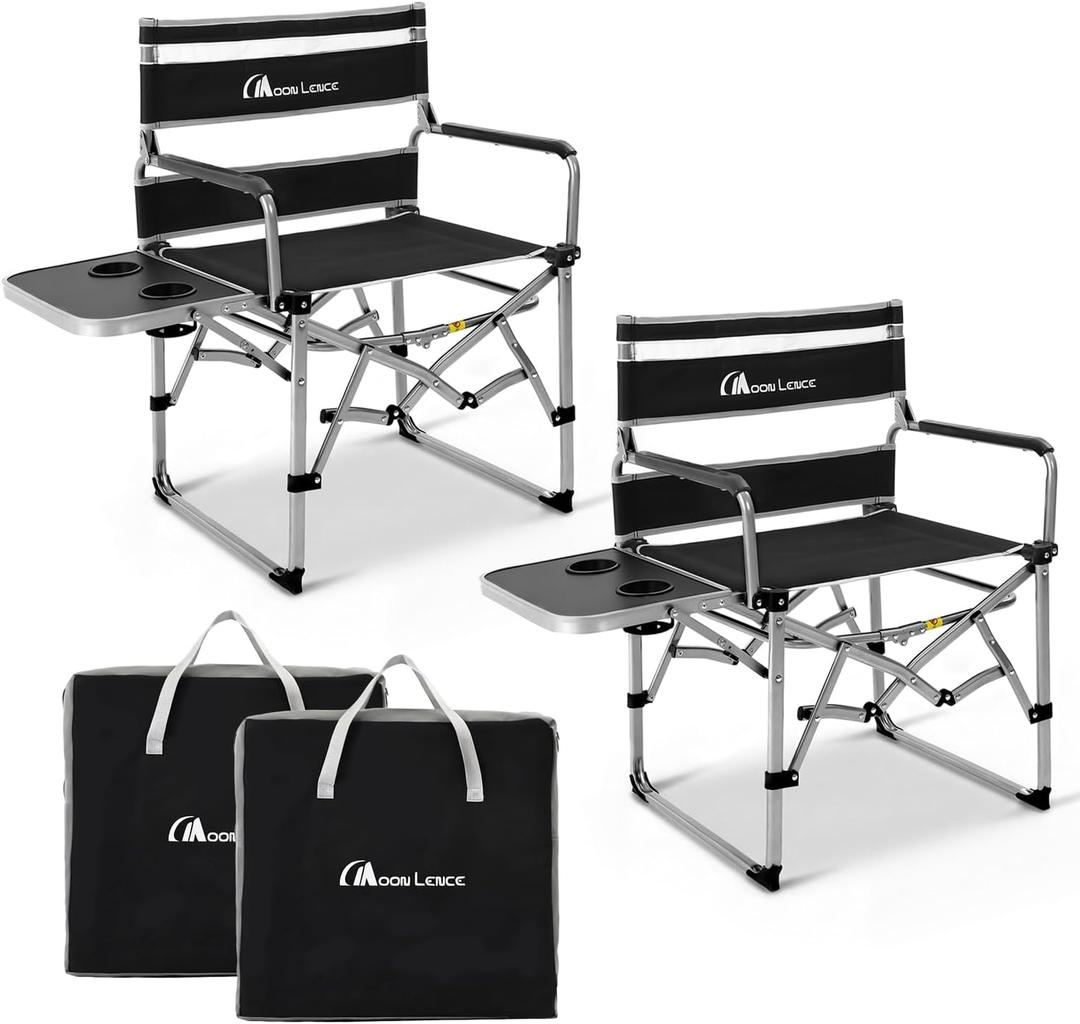 MOON LENCE Directors Camping Chair, Heavy Duty,Oversized Portable Folding Chair with Side Table for Beach, Fishing,Picnic,Lawn,Outdoor Event (Black, 2PCS)