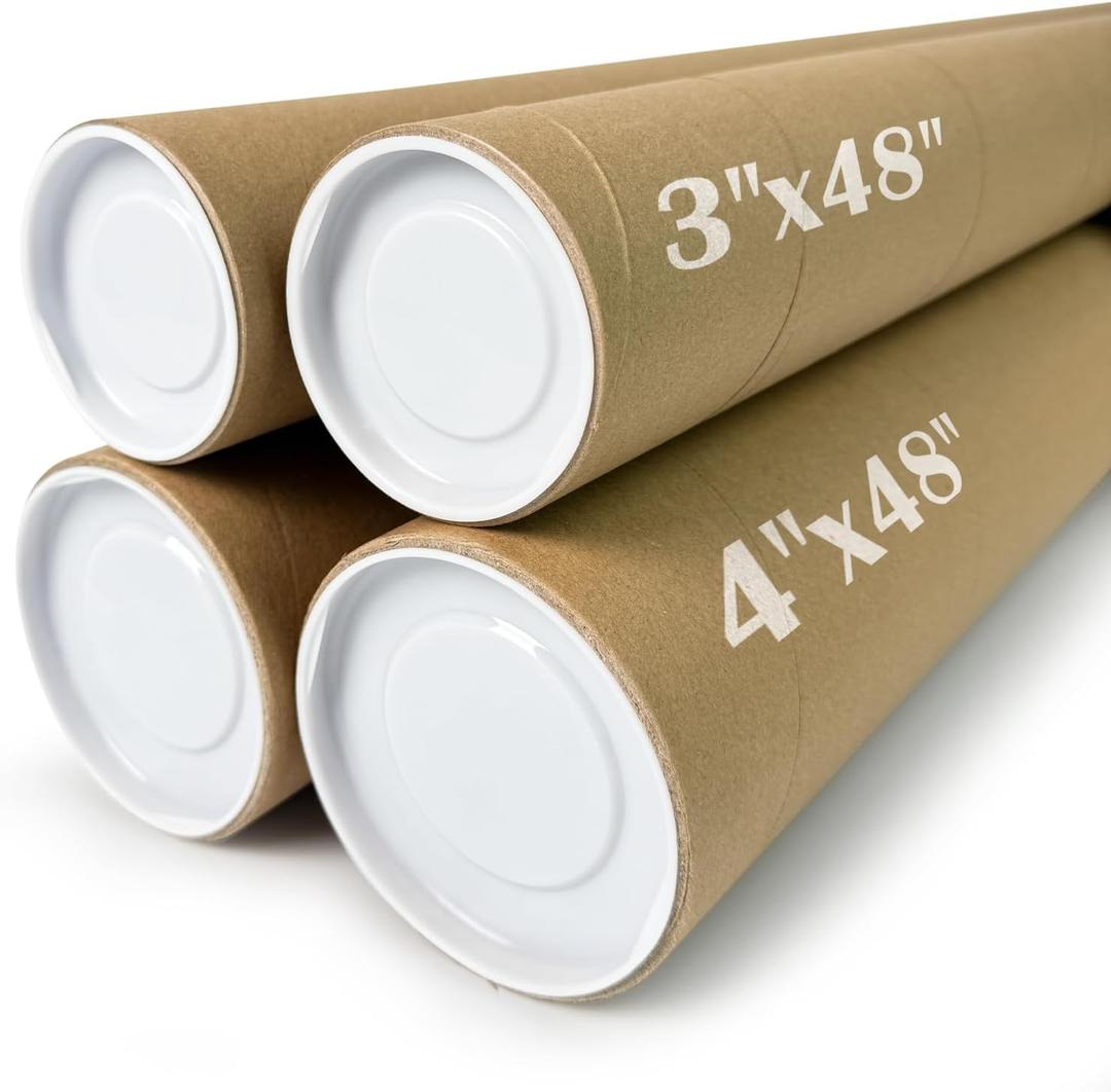 4 Pack Poster Mailing Tubes with Caps, Heavy Duty Cardboard Poster Tube, Shipping Tube for Prints, Documents, Crafts & Golf Clubs (4in*48in, 3in*48in)