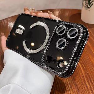 Magnetic Case for iPhone 17 Pro 6.3"[Compatible with MagSafe] with Sparkle Diamond Camera Protection Shockproof Clear Cute Glitter Bling Phone Case for iPhone 17 Pro,Black