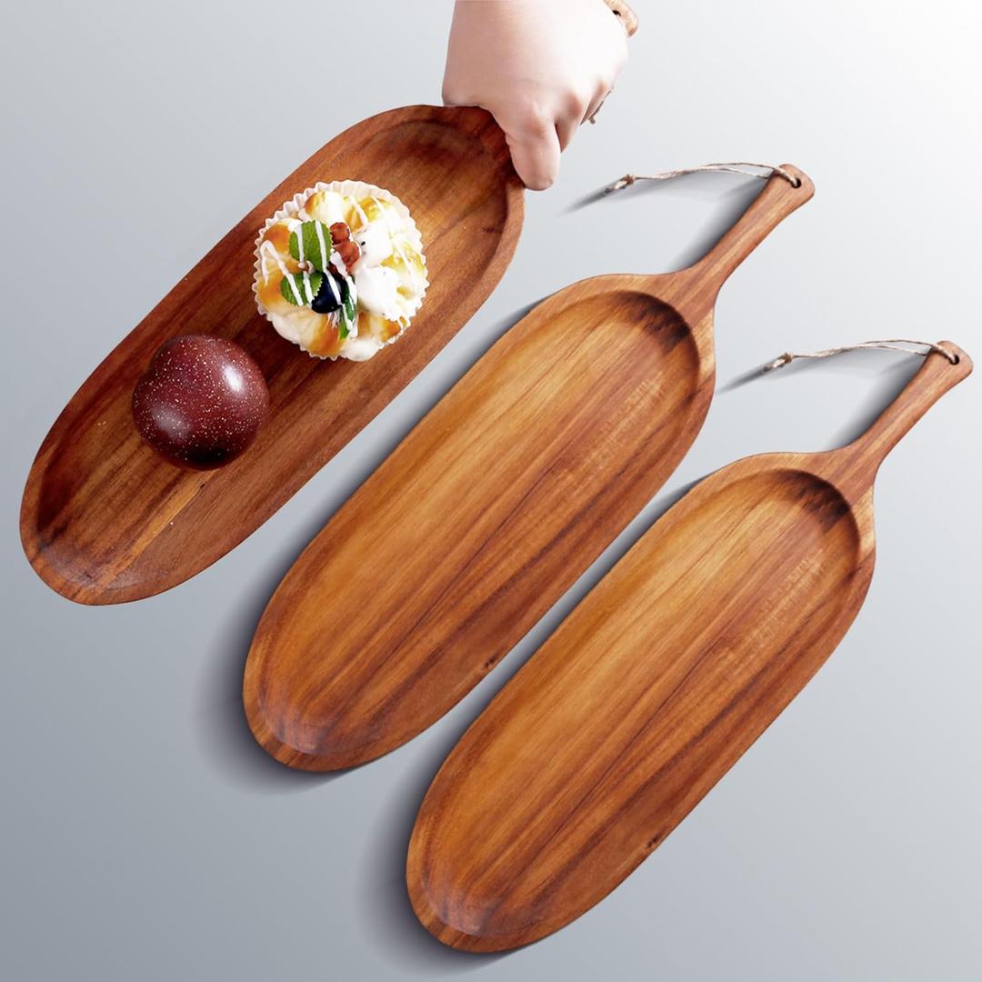 Wooden Serving Trays with Handle, 3PCS Acacia Wooden Trays Dinner Plates16.5 Wooden Plates Wood TraySolid Wood Plate for Meat Steak Dessert Bread Unbreakable Farmhouse Plate