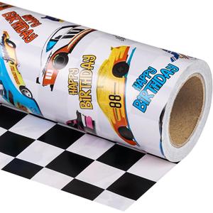 WRAPAHOLIC 30 Inch Reversible Racing Car Happy Birthday Wrapping Paper - 30 Inch x 33 Feet - Checkered Flag Wrapping Paper for Kids Boys Birthday, Baby Shower