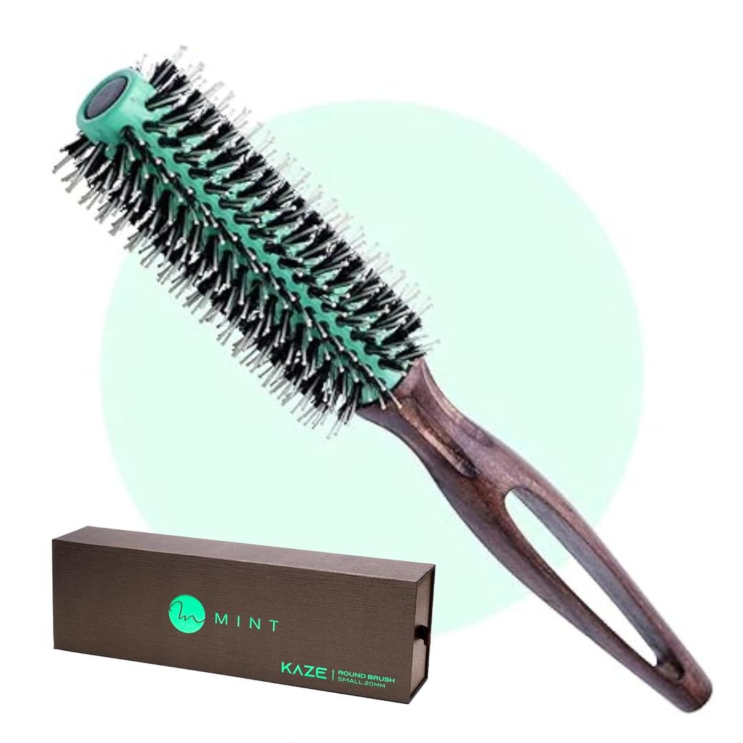 MINT Eco-Friendly Boar Bristle Round Brush for Blow Drying | Durable Blowout Styling for All Hair Types | Ceramic Round Brush with Hand-Crafted Wooden Handle (20 mm)