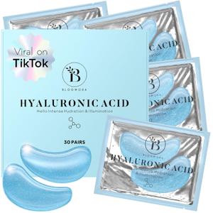 BLOOMORA Hyaluronic Acid Under Eye Patches (30 Pairs) - For Dark Circles & Puffiness - Hydrating Eye Mask for Care (Blue)