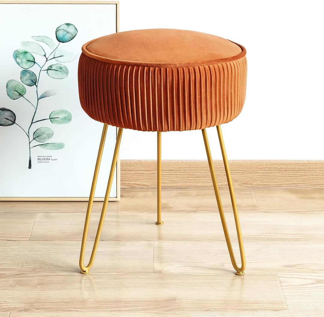LUE BONA Pleated Vanity Stool, Velvet Upholstered Vanity Stool for Makeup Room, Round Mondern Stool for Vanity, Ottoman Footrest Stool with Metal Legs for Living Room, Bedroom, Pumpkin Brown