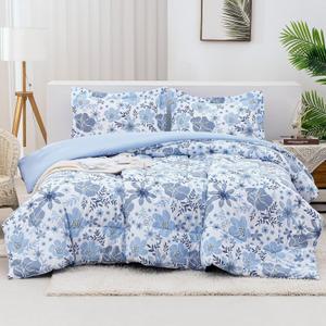 Mooreeke Floral Queen Size Comforter Sets, Lightweight Blue Botanical Flower Printed Bedding for All Seasons, 3-Piece Vintage Bed in a Bag with Fluffy Quilted Reversible Comforter & 2 Pillow Shams