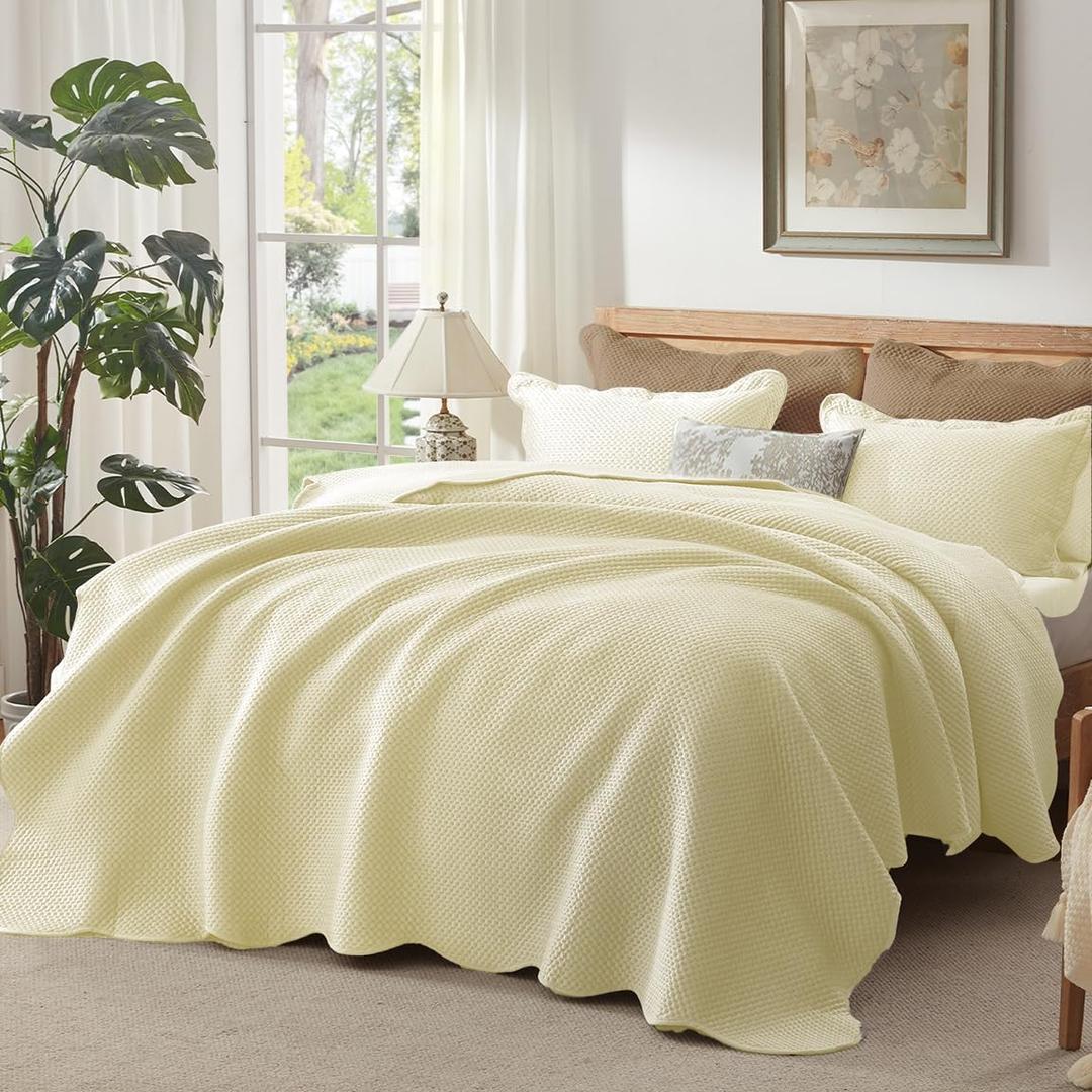 Qucover Velvet Quilt King, 3 Piece Luxury Lightweight Velvet Coverlet Set King, Ultra Soft Ultrasonic Cross-Stitch Winter Quilt, Christmas Bedding with Pillow Shams (Cream)
