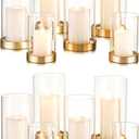 Hewory Hurricane Candle Holder for Pillar Candles: Gold Votive Candle Holders Set of 12, Glass Hurricane with Metal Candle Plate, Pillar Candle Holder for Table Centerpiece Wedding Holiday Home Decor