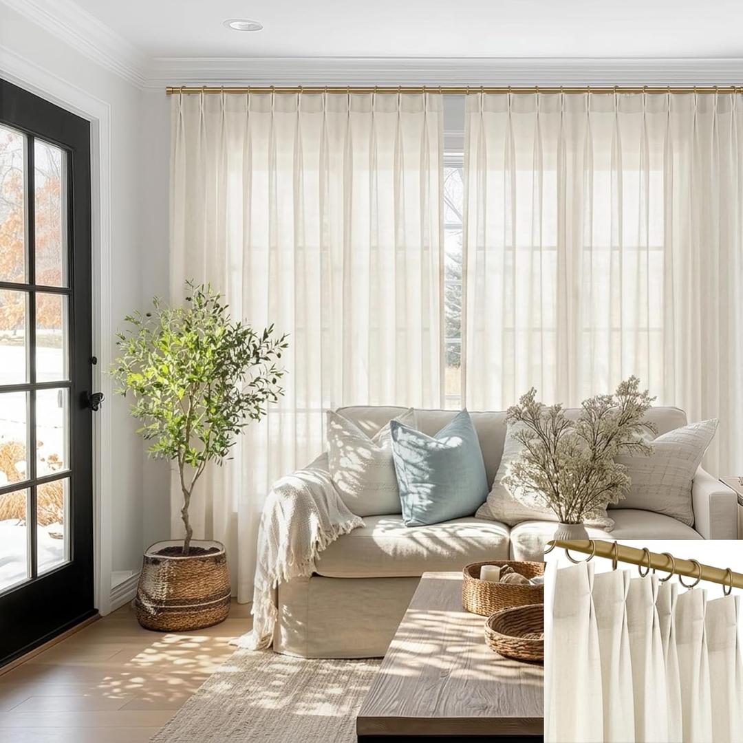 SHINELAND 90 Inch Pinch Pleated Linen Curtains,70x90 Long 2 Panels Sheer Light Filtering Cream Farmhouse Curtains for Living Room (Natural)