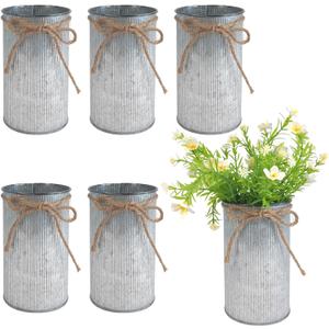 6" High Vase Centerpiece for Table, Rustic Farmhouse Mason Jars with Twine Bow, Vintage Galvanized Metal Flower Container for Wedding Home Decor (Silver, 6Pcs)
