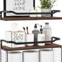 WOPITUES Floating Shelves with Wire Storage Basket, Bathroom Shelves Over Toilet with Protective Metal Guardrail, Wood Wall Shelves for Bathroom, Bedroom, Living Room, Toilet Paper- Dark Brown