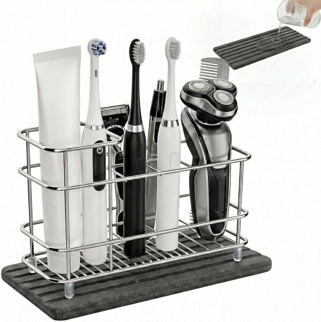 Toothbrush Holder for Bathroom Countertop, Stainless Steel Electric Toothbrush Organizer with Quick-Drying Diatomite Stone Mat, Rustproof Vanity Caddy for Toothpaste and Razors, Grey (White)