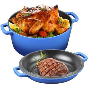 Horno holands de hierro fundido esmaltado de 5.5 cuartos de galn, olla holandesa esmaltada 2 en 1 con tapa de sartn para parrilla, estufa, induccin (azul degradado)