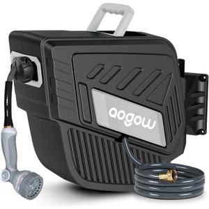 Retractable Garden Hose Reel: 1/2 in x 100 ft Wall Mount Hose Reel with Slow Auto Rewind & Any Length Lock, Brass Fittings, 180 Swivel, 10-Pattern Nozzle, Drain Outlet for Outdoor, Yard, Lawn