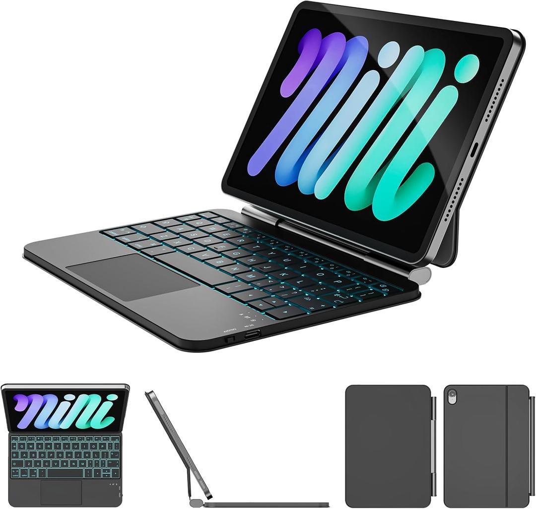 For iPad Mini 7 (A17 Pro, 2024) & Mini 6 (2021) Case with Keyboard, 11-Color Backlit with Smart Trackpad, Magic-Style Keyboard Case for iPad Mini 7th 6th Gen 8.3-inch, Black
