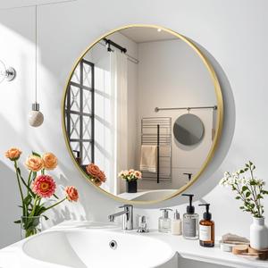 FARMER 24 Inch Gold Circle Mirror, Round Bathroom Mirror, Vanity Mirror with Metal Frame, Brushed Wall Mirror for Bathroom, Bedrooms, Entryways, Living Rooms, Vanity, Hallway