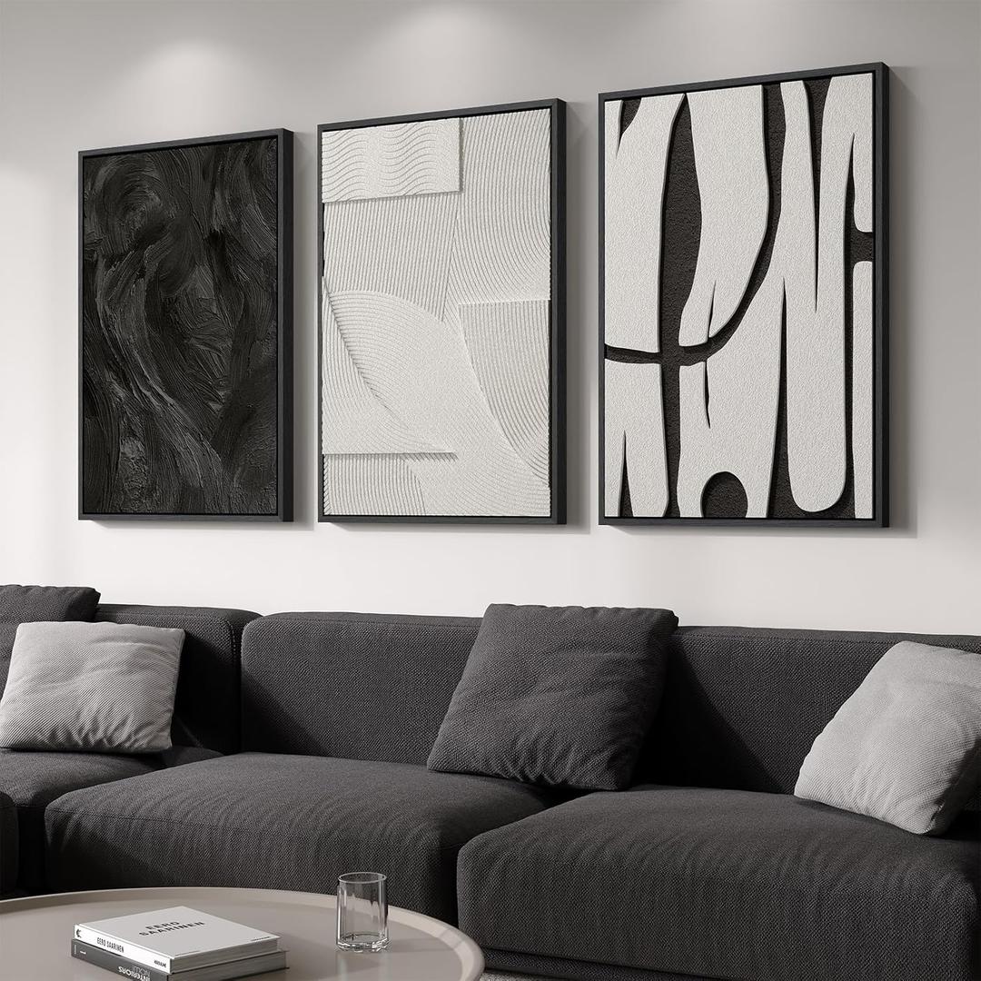 Large 3D Textured Framed Black and White Abstract Wall Art for Living Room, 3 Piece Modern Artwork for Walls, Minimalist Black White Texture Paintings for Hallway Office Wall Decor 24x36 In