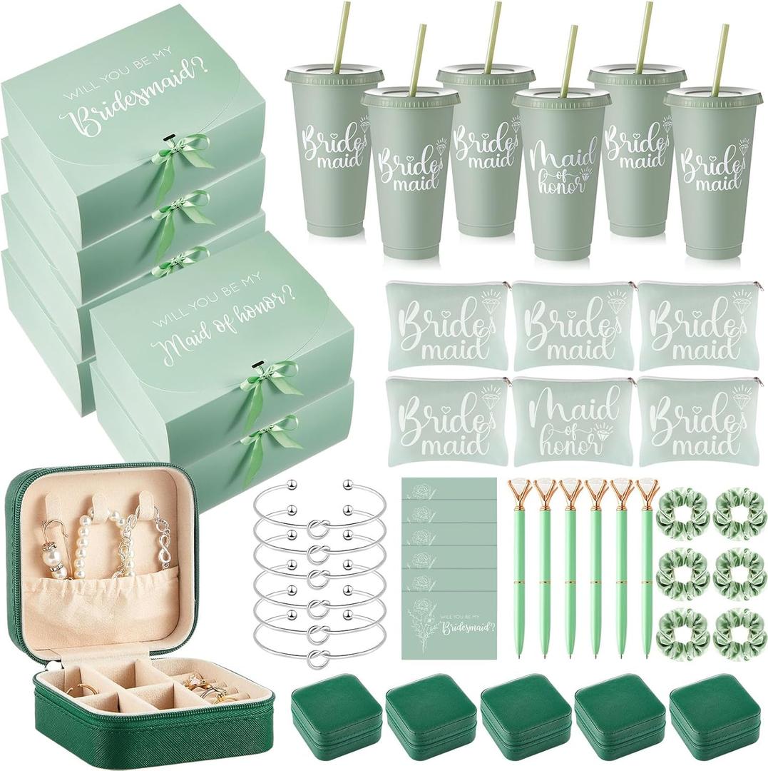 48 Pcs Bridesmaid Proposal Gifts Set, Maid of Honor Gifts Set from Bride, Will You Be My Bridesmaid Gift Box, 24 oz Tumbler Bridal Bachelorette Party Presents for Bridesmaids Wedding(Green)