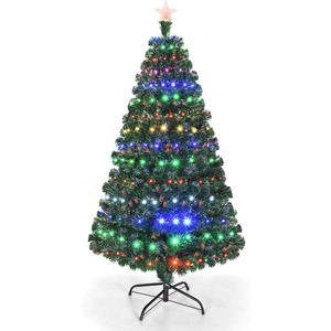 Goplus 5ft Fiber Optic Artificial Christmas Tree, Pre-Lit Xmas Tree with Colorful LED Lights, 8 Lighting Modes, 180 Branch Tips, Foldable Metal Base, for Home Office Party Holiday Decor