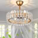CLAIRDAI Crystal Caged Ceiling Fan with Light, 20.7'' Gold Fandelier, 6 x E12 Bulbs Required, Remote Control, 6-Speed Reversible DC Motor, Flush Mount for Bedroom Living Room Dining Room, 20.7IN