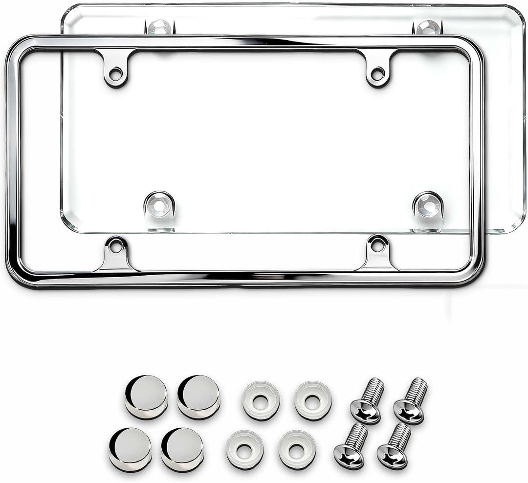 Premium Clear License Plate Covers & Chrome Frames with Screw Caps, Street Legal Universal Fit, Heavy Duty Rattle-Free & Rust-Free Zinc Chrome Frames & Clear License Plate Covers for Women & Men