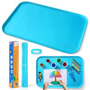 Silicone Craft Mats for Kids 24"x16" with Raised Lip & Non-Slip | Reusable Silicone Art Mat for Play Sand, Painting, DIY Crafts | Durable Design (Blue)