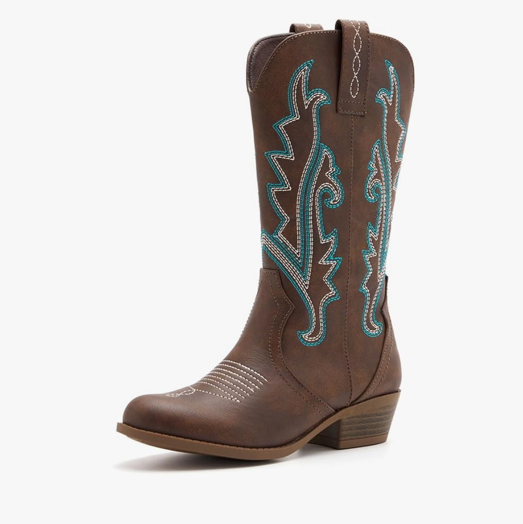 Girls Kids Western Boots Embroidered Cowgirl Cowboy Boots Girls Mid Calf Riding Shoes Little Kid/Big Kid , Size 4