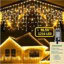 KNONEW 99ft 1216 LED Christmas Lights Outdoor Decorations with 228 Drops, 8 Modes Curtain Fairy String Light, Clear Wire LED String Light Indoor Decor for Wedding Party Christmas (Warm White)
