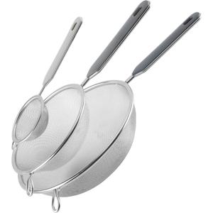 Cook With Color Set of 3 Fine Mesh Strainer, Colander, Sieve, Kitchen Sifter, Skimmer, Stainless Steel Strainer, Small Strainer, Medium and Large Mesh Strainer with Plastic Handles (Grey) (Gray)