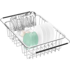 Fanbsy Large Dish Drainer Rack in Sink Adjustable, Expandable 304 Stainless Steel Metal Dish Drying Rack Organizer with Stainless Steel Utensil Holder Over Inside Sink Counter, Rustproof