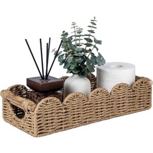 CubesLand Bathroom Basket Organizer w/Cut Out Handle, Back of Toilet Paper Storage Baskets Tray for Bathroom Countertop Decorative, Scalloped Wicker Basket Also for Home Decor, Living Room, Neutral (14.96" (L) x 6.3" (W) x 3.54" (H))