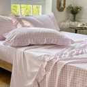 NSNLGSGC Pink Gingham Ruffle Queen Sheet Set, Pink Soft Pre-Washed Microfiber Plaid Queen Bed Sheets, 4-Pieces Farmhouse Sheet Set with Deep Pocket