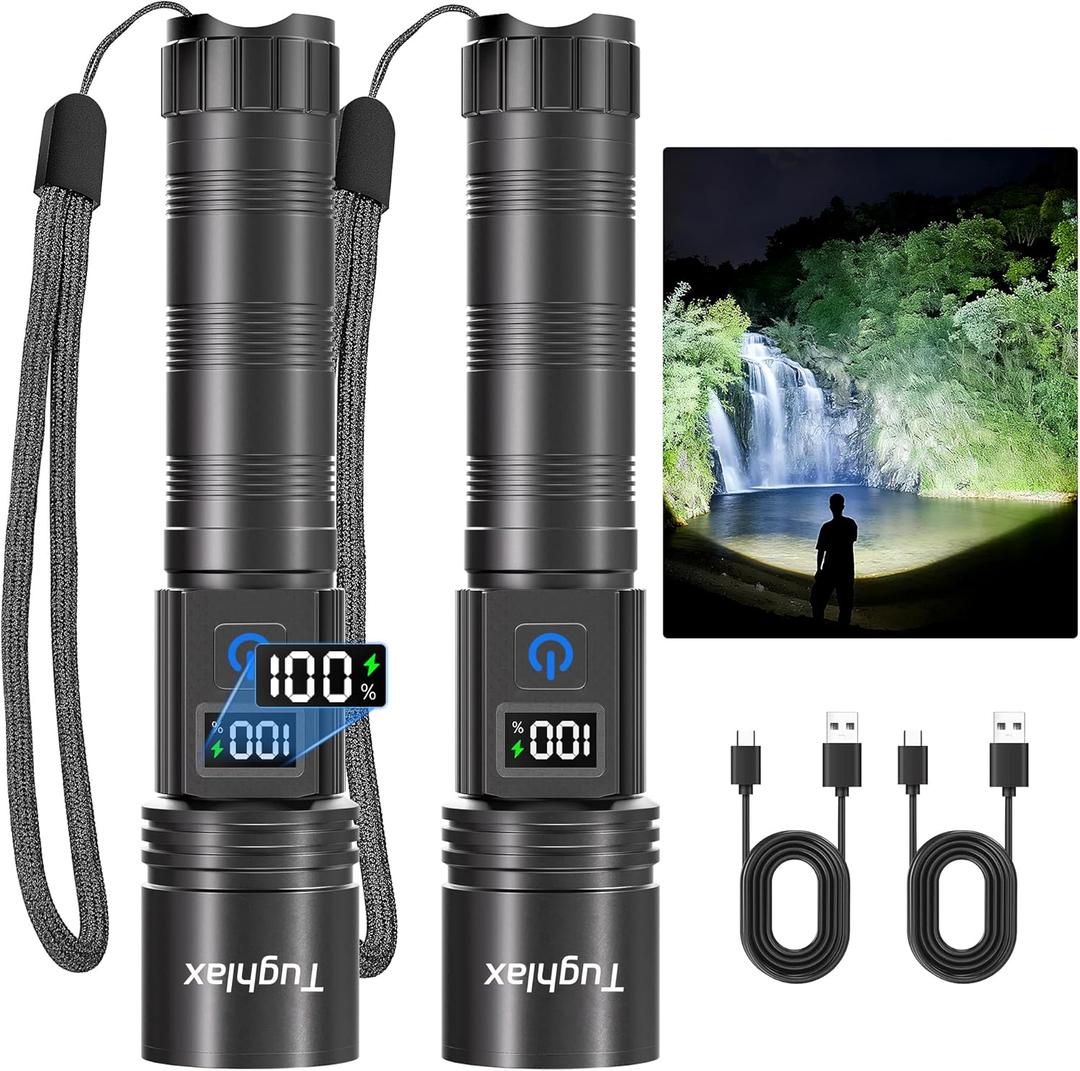 LED Rechargeable Flashlights 9900 High Lumens 2Pack, Super Bright Flashlight, Zoomable Powerful Camping Flashlights with LCD Digital Display, 5 Modes Waterproof Flash Light for Home