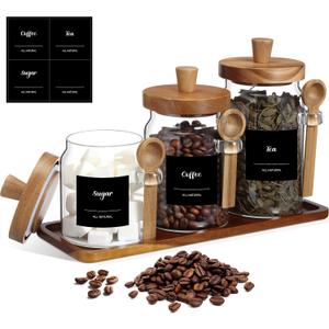 Suclain 3 Pcs Glass Coffee Container with Wooden Lid Spoon Shelf Labels Clear Airtight Jar Food Storage Canister Set for Sugar Spice Coffee Bean Holder Housewarming Gift(13.5,20,25 oz,Acacia Brown)