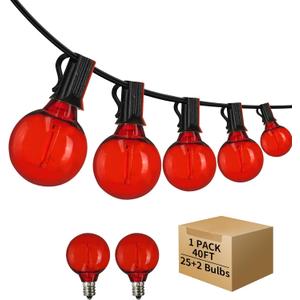 40FT LED Outdoor String Lights Waterproof, G40 Globe for Patio With 27 Edison Vintage Shatterproof Bulbs, Connectable Backyard Lighting for Garden, Bistro, Porch, Cafe (Red)